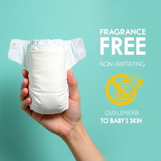 Digital photograph of a disposable baby diaper being held in an adult hand against a turquoise background. Diaper is clean and white. Bold modern text says 'FRAGRANCE FREE' and 'NON-IRRITATING TO BABY’S SKIN'. Simple perfume bottle icon with prohibition sign. Bright yellow and white colors used. Cheerful and fresh appearance.