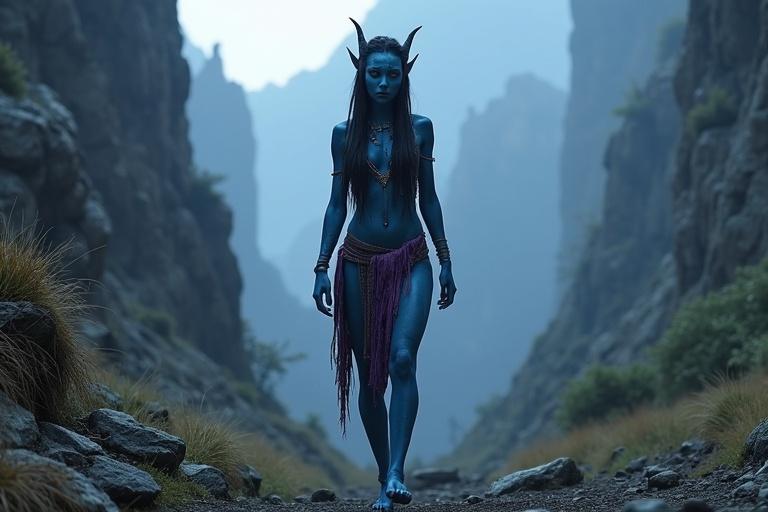 A Na'vi female walks into ancient mountains. Wind howls. Beasts cry. Twilight shadows cross cliffs and trees. She has radiant blue skin, glowing stripes, and an athletic figure. Her high cheekbones and golden eyes show resolve. Long black hair drifts in the wind. Her clothing is a tattered netted covering and a frayed loincloth. Tribal ornaments depict a warrior's legacy. The path narrows in legend.
