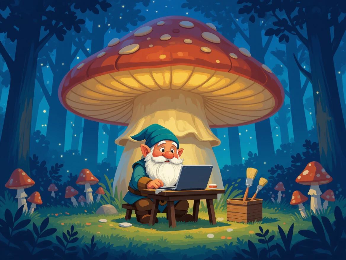A dwarf sits at a small table under a large mushroom at night. The scene is set in a fairy forest. The dwarf works on a laptop. The atmosphere is magical and whimsical.