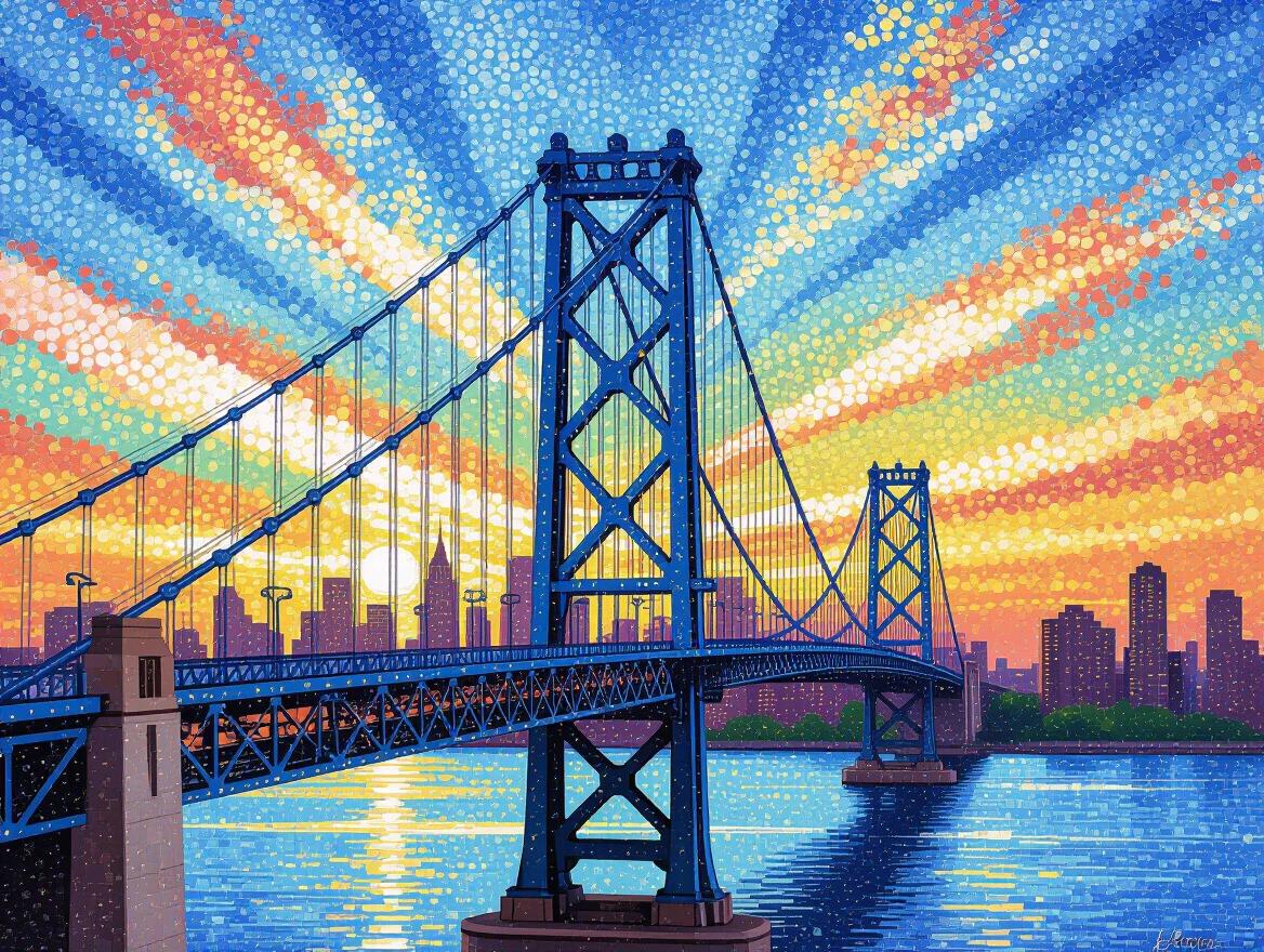 Suspension bridge depicted using pointillist technique. Thousands of colored dots create details of cables and structure. Sunset in the background illuminates the scene. Reflective water enhances the composition. City skyline is visible.