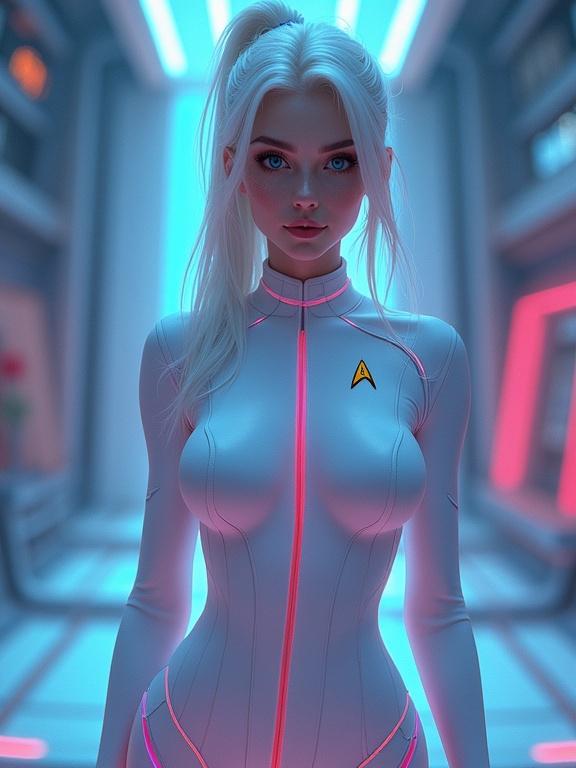 Hyperrealistic girl in a futuristic setting. Long white hair and brilliant blue eyes. Wearing a tight-fitting turquoise bodysuit with Star Fleet logo. Ambient scene with RGB lighting. The character appears shy and beautiful. Full body shot taken from a low angle.