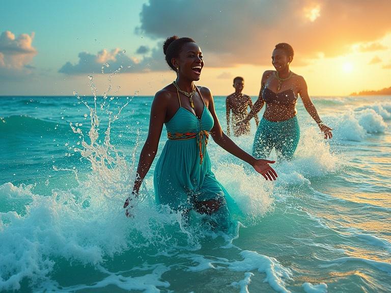 At a tropical beach, happy Zulu maidens in turquoise outfits splashing seawater during sunset. Joyful expressions as the sunlight creates a golden glow.