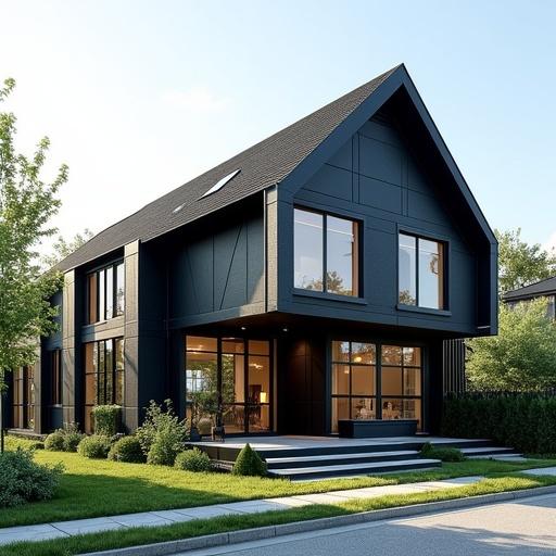 Neo-industrial modular concept house in a suburban setting. Prefabricated steel frame with carbon-fiber panels. Sloped roof with solar-absorbing tiles. Features geometric facade and soft blue LED accent lighting. Includes a mini-drone landing pad. Smart hedge privacy fence and self-cleaning exterior finish.