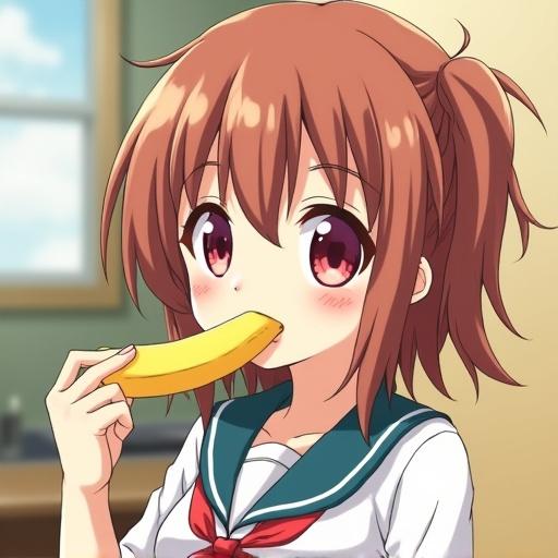 Anime girl with brown hair and pigtails bites a banana. She wears a school uniform with a blue collar and red tie. The setting is a kitchen or indoor space. Light background.