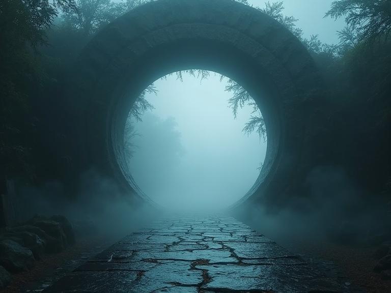 Oval shaped interdimensional portal. Outer ring is chaotic. Interior is watery and swirling. Through the portal, a foggy graveyard is visible. Rough stone floor present. Thick magical mist surrounds background. Ultra detailed scene with chiaroscuro style. Wide shot captures portal in mist-filled environment. Eye-level view centered on portal. Dramatic and mysterious ambiance. Realistic digital artwork.