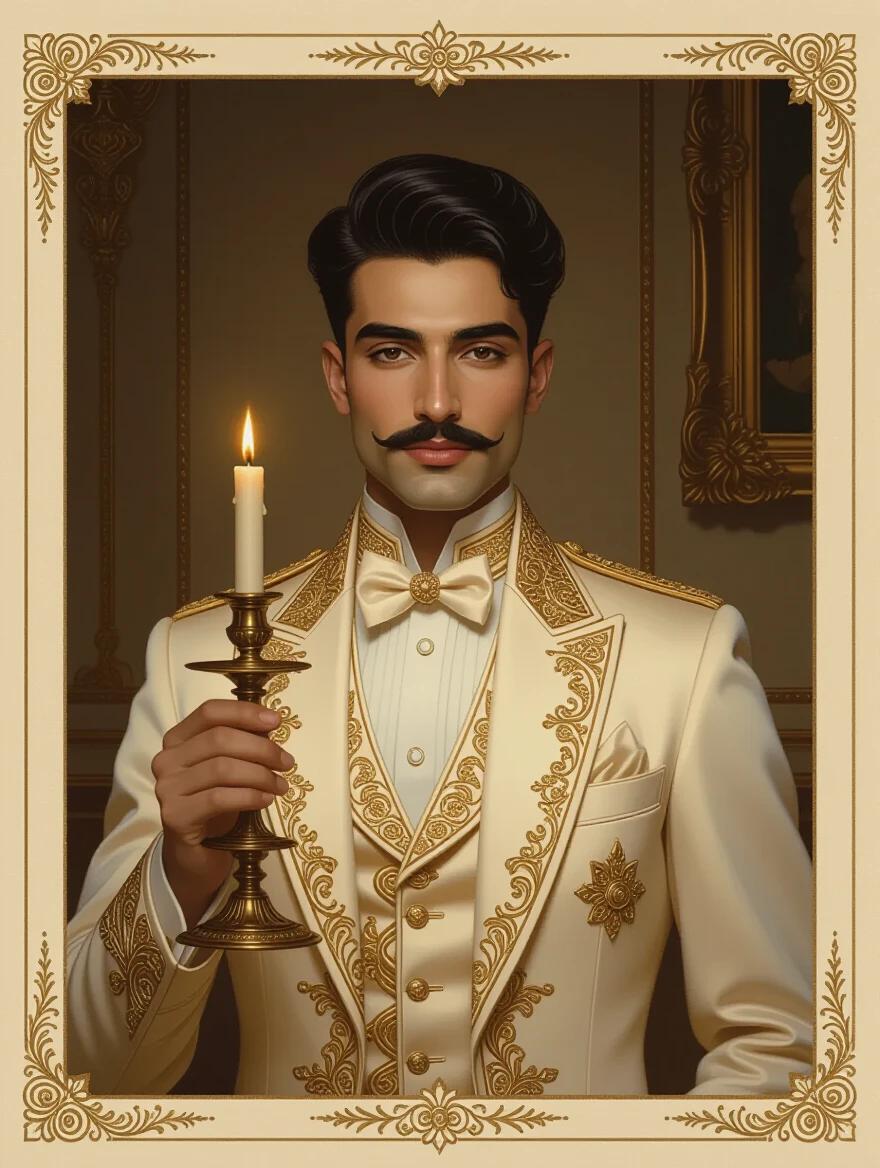 Oil portrait of a handsome young Persian man in modern ornate cream formalwear. Man holds a lit candlestick. Dimly lit mansion room. Dark and mysterious tone with beige color scheme. Art nouveau border surrounding the image.