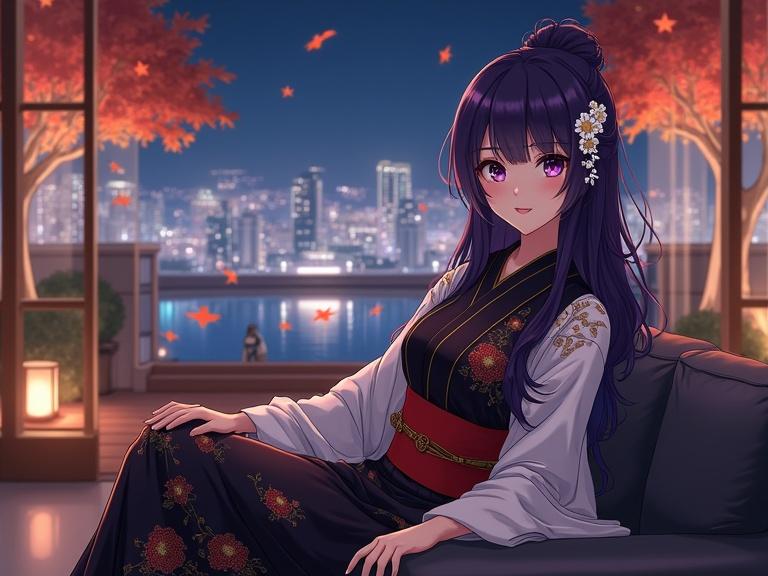 Anime-style lady has dark violet hair with straight fringe. She wears luxurious kimono with white sleeves and gold floral patterns over black base. A red obi belt is tied around her waist. Seated comfortably on sofa in high-end building lounge. Leaning back against sofa, knees bent, feet resting on sofa. Lounge dimly lit showcasing modern furniture and panoramic city night view. Overall atmosphere sophisticated and inviting.