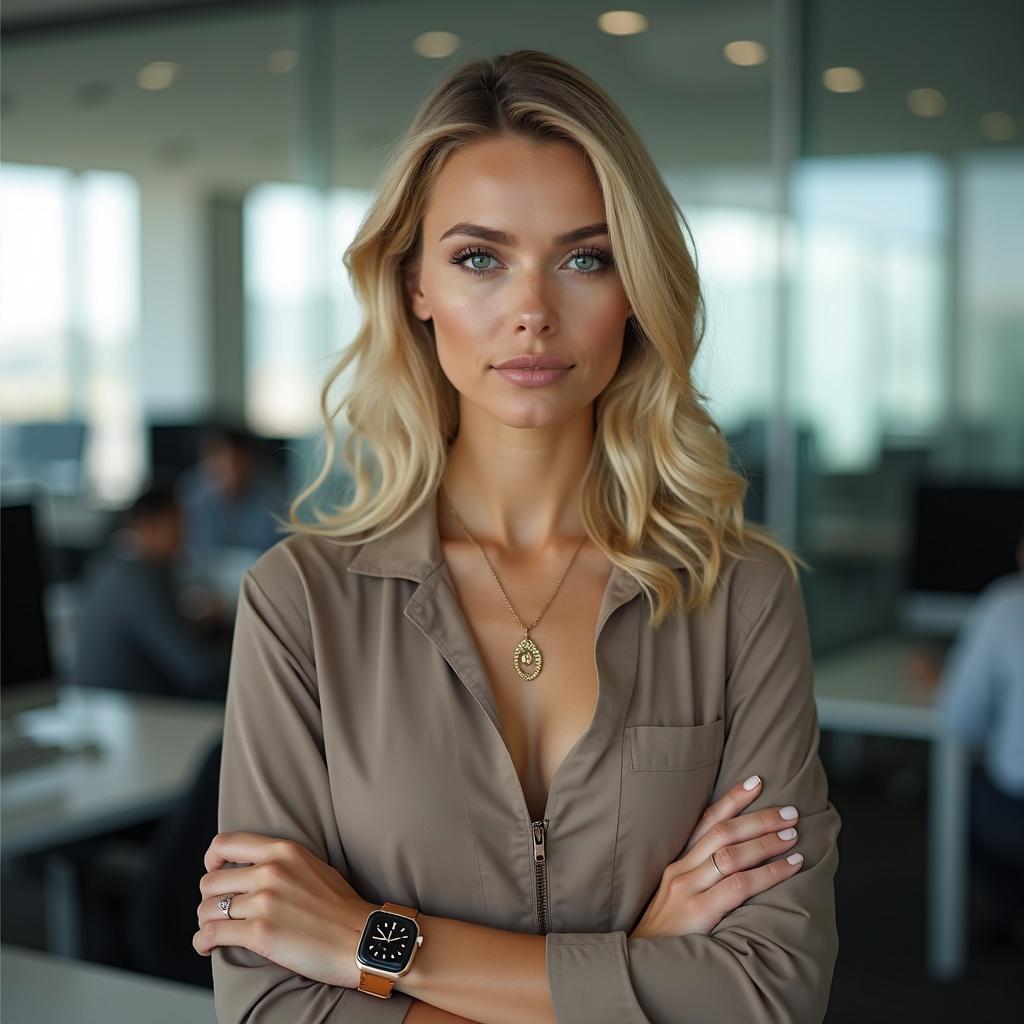 Young blonde woman in elegant clothes poses confidently in a modern office. She wears jewelry and an Apple watch. The office has glass partitions and computers. Natural light floods the space from the windows.