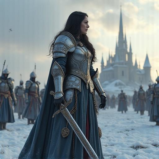 Young warrior heroine stands in a frozen battlefield surrounded by defeated enemies. She wears intricate silver and gold armor with ancient runes. A crowning headpiece and a scarlet battle standard in her hands. Long black hair flows behind her. Icy atmosphere with a towering majestic castle in the background. Cold color palette with gold accents. The scene captures an epic and dramatic moment.