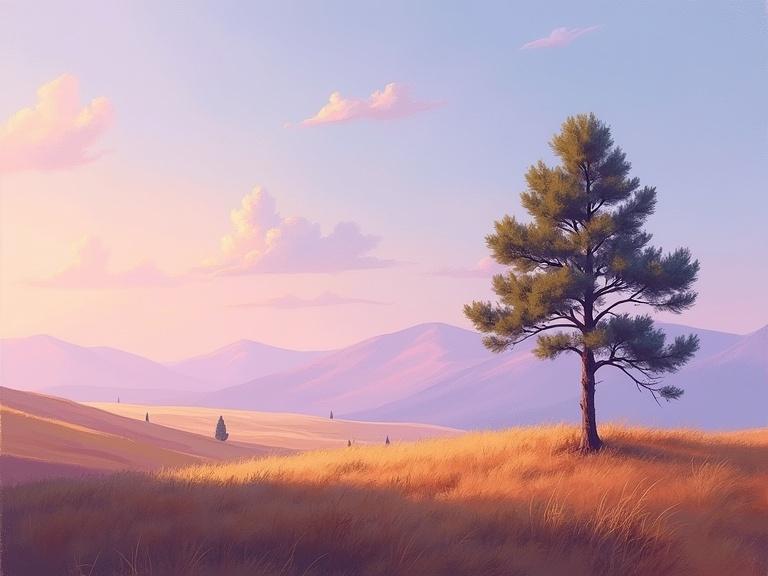 Digital painting features a lone pine tree set against a vast tundra landscape. The artwork captures lilac hues during twilight, with gradients transitioning from ultramarine to peach. The foreground displays dynamic strokes illustrating feather grass in motion, emphasizing the tree's dramatic bend.