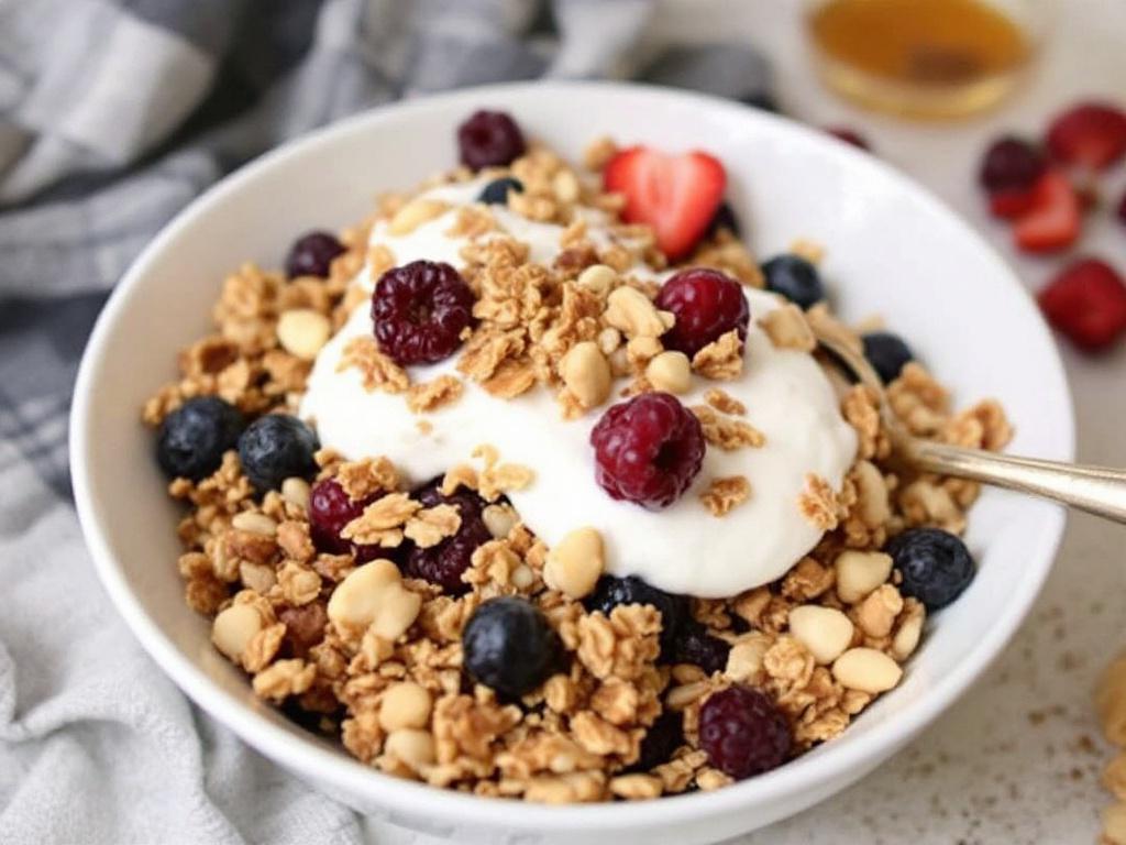 This image features a large bowl filled with delicious granola topped with creamy yogurt. Juicy berries, including blueberries and raspberries, are scattered on top. Crunchy hazelnuts add texture to the dish. A wooden spoon rests inside the bowl, ready to enjoy the meal. The background is a smooth, light-colored surface, enhancing the focus on the granola and yogurt. This visually appealing dish looks perfect for a healthy breakfast or snack.