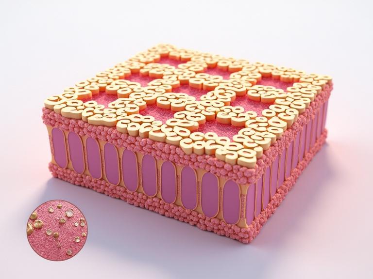 Realistic 3D rendering of a monolayer of epithelial cells. Cells arranged in a cobblestone-like pattern. Cells show clear apical-basal polarity. Attached to visible basement membrane. Lateral sides of adjacent cells connected by adherens junctions. E-cadherin molecules bridging cell membranes. Include zoomed-in view highlighting E-cadherin at contact sites. Use clean bright colors to emphasize cell structures. Image suitable for educational and research purposes.