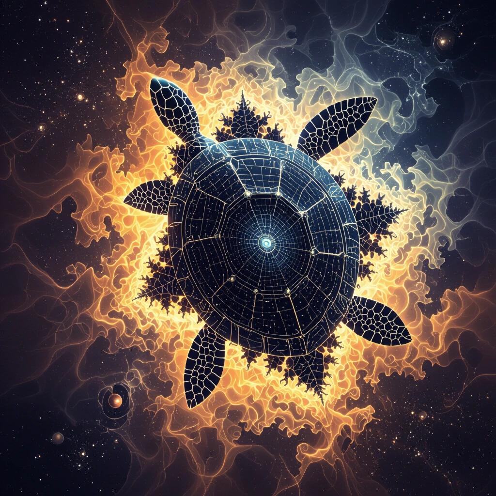 Surreal depiction of a turtle with a mandelbrot pattern surrounded by a dark nebula. Glowing orange and blue colors are used to create a cosmic background.