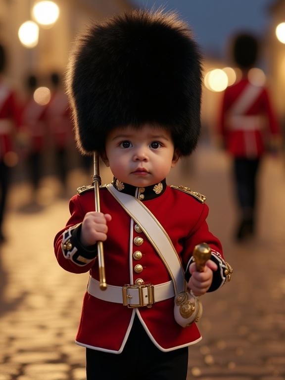 Hyper-realistic photo of baby in British royal guard uniform. Baby around 3 years old. Marching and playing surdo. Tall black furry hat. Red ceremonial jacket with gold buttons. White strap across the chest. Night paved street. Dramatic lighting. Adorable chubby cheeks and serious expression. Ultra-detailed and realistic. BBC broadcast ambiance.