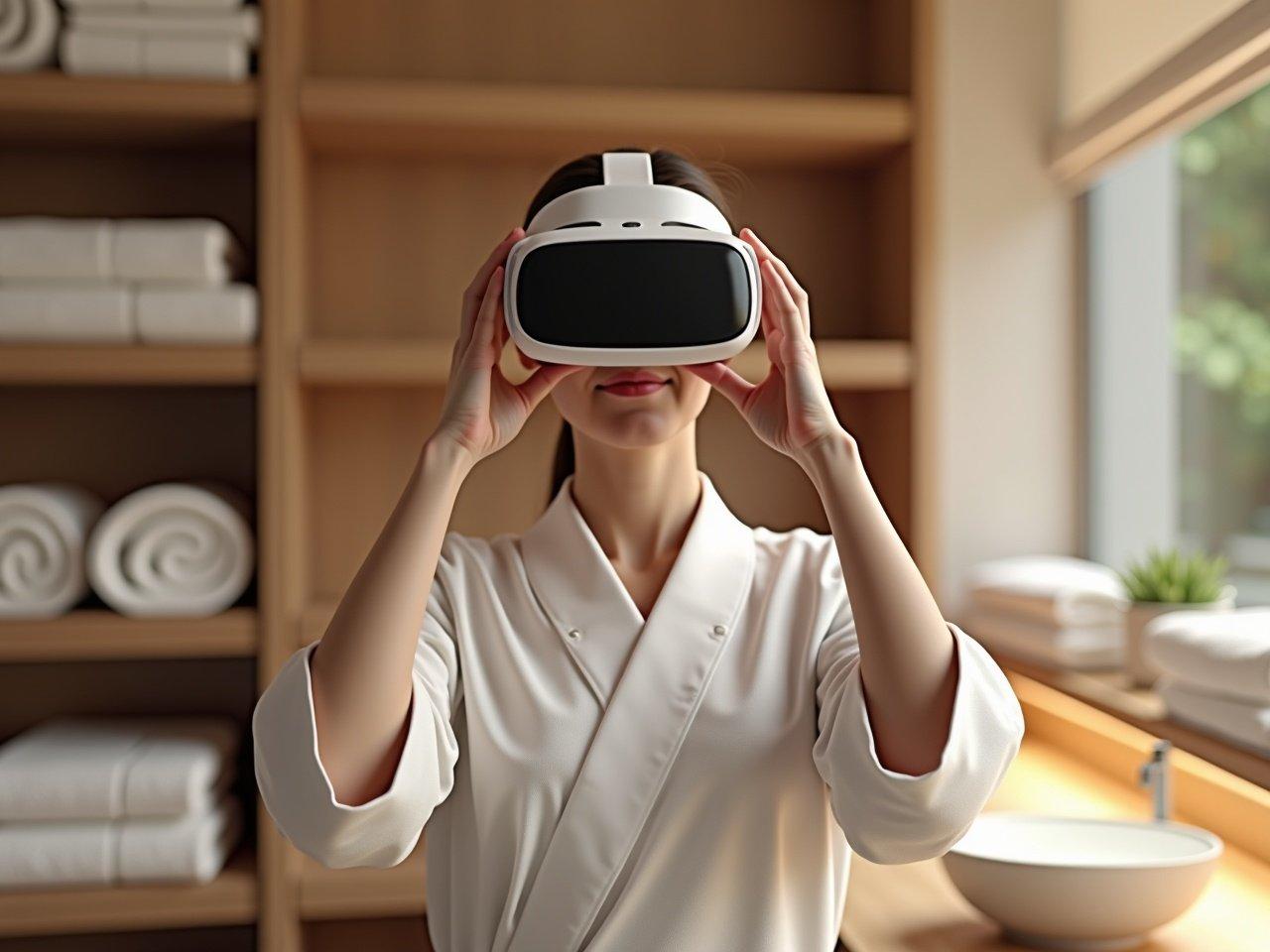 Create a high-quality, photo-realistic 4k landscape image of a towel room in a spa setting. The scene should feature a spa assistant wearing a relaxed spa uniform, holding a VR headset that is white with a black screen on the front. The background should include neatly arranged towels on wooden shelves, enhancing the tranquil atmosphere of the spa. The room should have soft lighting to create a soothing ambiance. Make sure there are no text, logos, or icons present in the image.