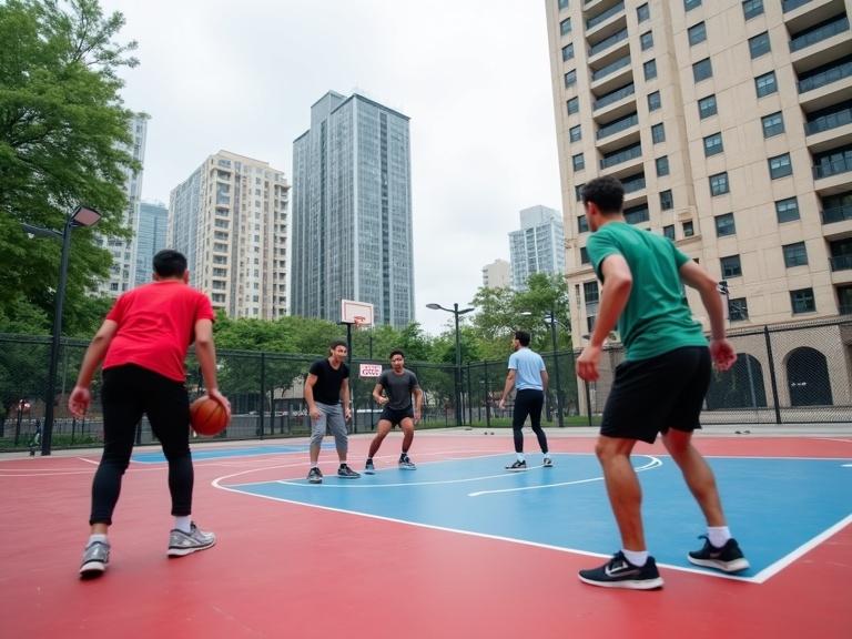 Photograph of an outdoor urban basketball court. Six people playing basketball in the daytime under an overcast sky. Modern cityscape with tall buildings in the background. Trees on the left side, beige building with black windows. Red and blue basketball court. People wearing casual athletic clothing. One person in a red shirt bending over. One person in a green shirt dribbling the ball. Another person in a blue shirt standing to the right. One person in a black shirt on the left. One person in a white shirt standing near the background. Black chain-link fence around the court. Metal light poles. Urban setting, mid-action shot, realistic, high quality.
