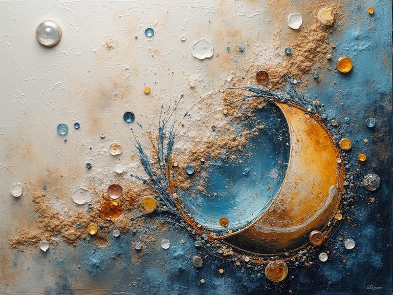An abstract mixed media artwork featuring a crescent moon. The piece incorporates a variety of textured materials like sand, jute fibers, wood, and glittering confetti. It showcases splashes of color and dynamic forms. Close-up detail highlights the unique collage of elements. A soft lighting enhances its depth and visual appeal.