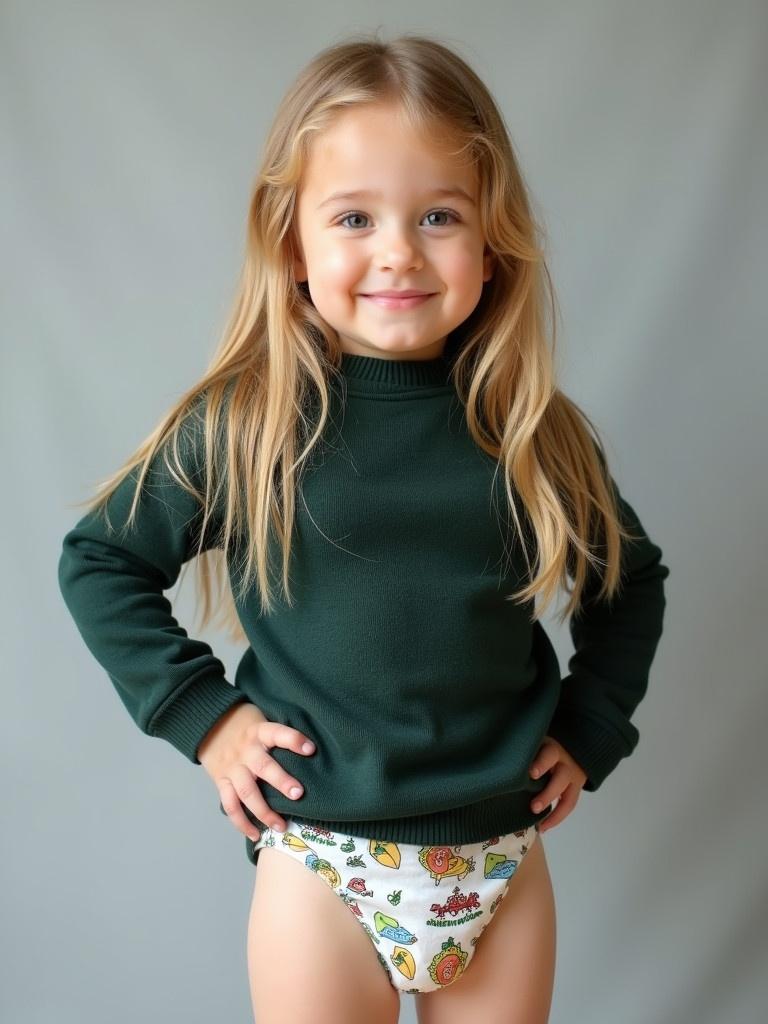 An eight year old girl stands confidently with long blonde hair. She wears a fitted dark green sweater and a white diaper decorated with cartoons. The background is soft gray, which highlights her innocence. Her pose is relaxed, one hand on her hip. The lighting is soft and inviting, creating an overall playful atmosphere.