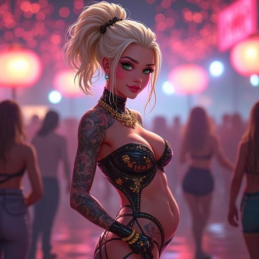 Anime character in a futuristic nightclub. Woman with emerald green eyes and light blonde French bun. Wearing light pink diamond jewelry. Super futuristic theme. Muscular build with six-pack abs. Extroverted smile. Surrounded by cheering fans.