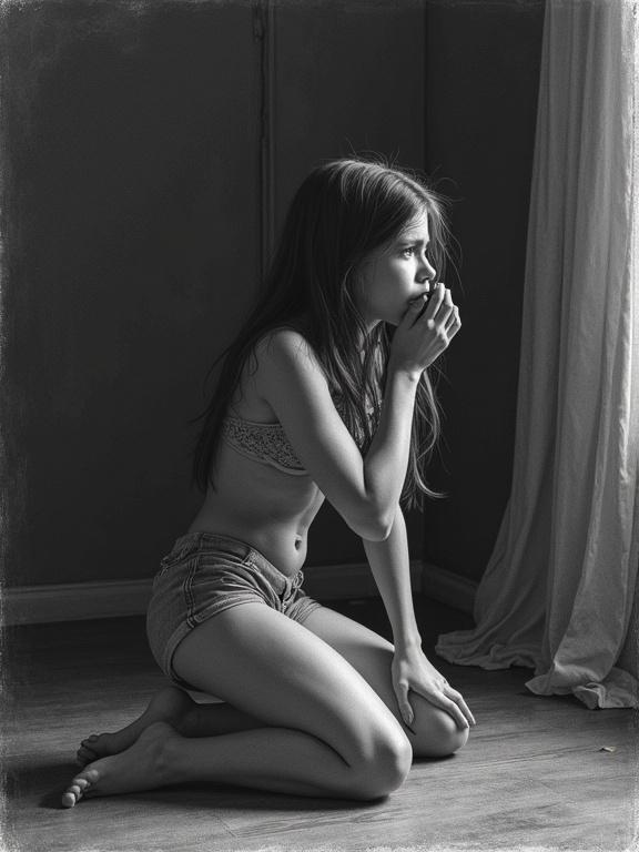 Pencil drawing of a girl kneeling in a dark bedroom. She has a distressed expression and is crying while holding her hands over her mouth. A standing father figure is in the background with his back turned to the viewer, creating a somber atmosphere.