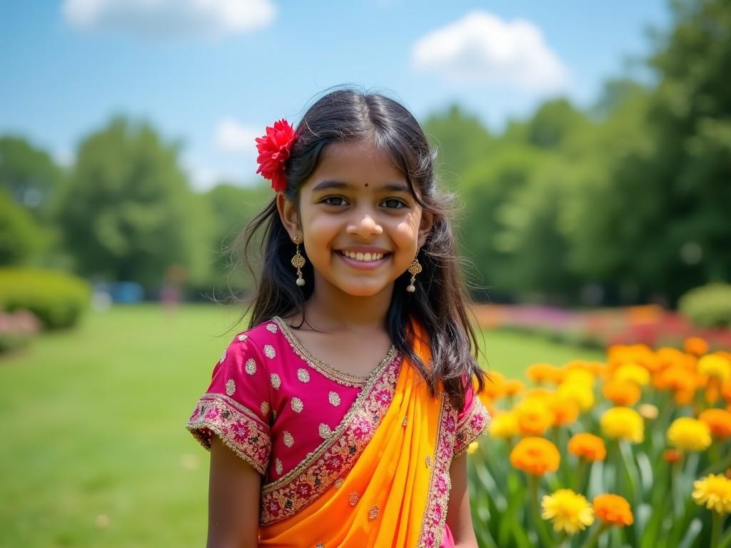 The image depicts a young girl from India, around 15 years old, wearing a vibrant traditional outfit that combines bright orange and deep red colors. She stands in a lush garden filled with blooming flowers, radiating joy and innocence. The girl's hairstyle includes loose waves complemented by a bright red flower, enhancing her cheerful expression. Behind her, a backdrop of greenery and colorful tulips creates a picturesque setting. This scene captures the essence of cultural heritage and celebration in India, making it suitable for various festive and marketing contexts.