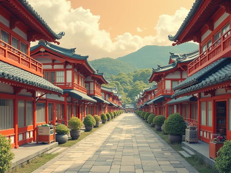 Traditional Japanese architecture with red buildings and green plants. Pathway leading through a serene environment. Mountains visible in the background. Beautiful sky with clouds during sunset.