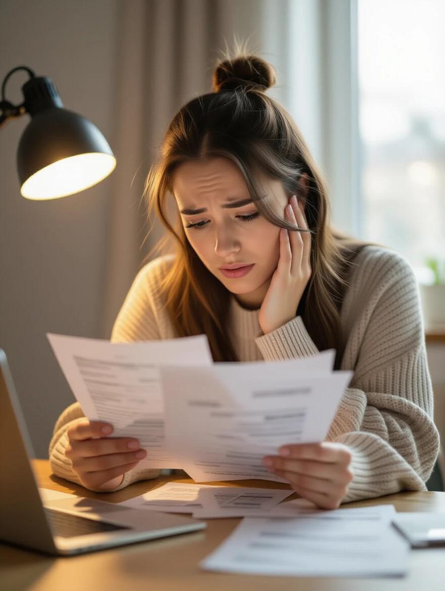 Person looking at bills and bank statements. Concerned expression is evident. Natural light from desk lamp enhances the scene. Warm color grading adds depth. Authentic worry portrayed through facial cues. Documentary style photography captures emotional intensity.