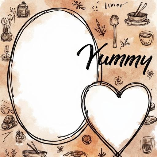Hand-drawn collage with a warm dinner theme. Contains two decorative photo frames, one oval and one heart-shaped. Background features sketches of food and cutlery in earthy tones. The word Yummy is included in a whimsical font. Design conveys casual and celebratory atmosphere.