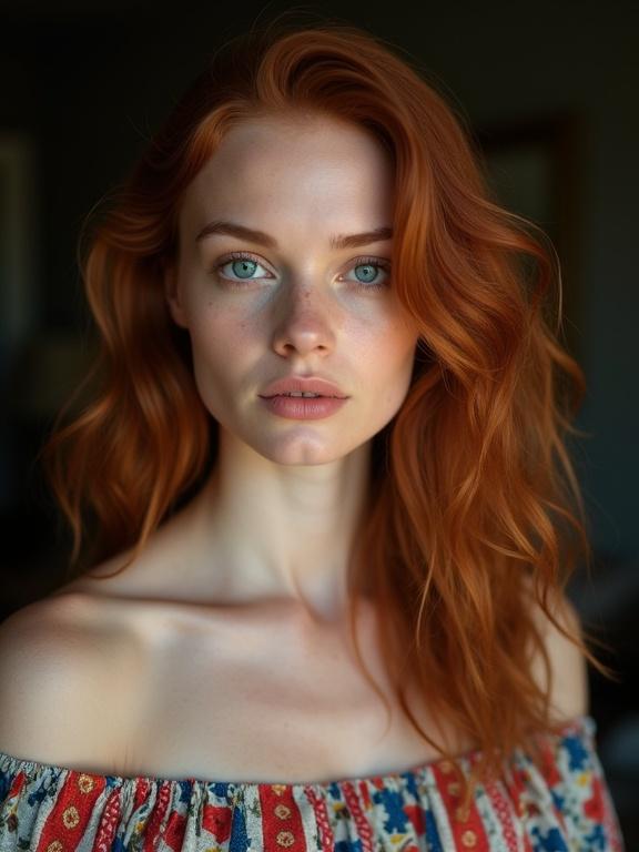 Photograph features a woman with wavy auburn hair and striking blue eyes. Centered composition highlights her face framed by hair. Expression is calm and introspective. Off-the-shoulder blouse with vibrant floral pattern contrasts against the darker background. Soft, natural light highlights facial features and textures. Background is slightly out of focus, employing shallow depth of field. The photograph combines contemporary portraiture with elements reminiscent of Impressionism.