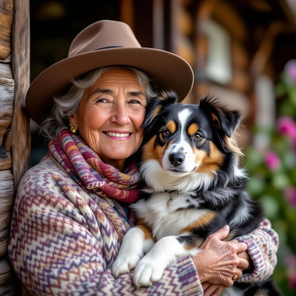 A woman holding a dog in her arms. The woman has a warm smile. She is wearing a stylish hat and a colorful sweater. The dog is fluffy, with black and brown fur. The background shows a rustic wooden setting with flowers. The scene conveys warmth and companionship.