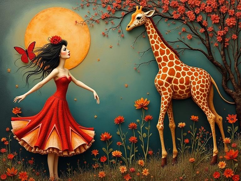 Masterpiece 3D multi-layered encaustic mixed media artwork featuring a whimsical dancing girl in a red dress with her pet giraffe beside vibrant flowers and a glowing moon.