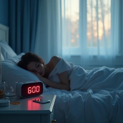 Photograph of a bedroom scene at dawn. Soft light enters through partially opened curtains. A digital alarm clock shows 6:00 in red. A woman sleeps under white sheets. The nightstand has a smartphone and a bracelet. A glass of water catches sunlight. Dust particles are visible.