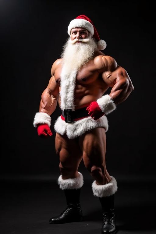 Image of a strong muscular white Santa Claus wearing a fitted holiday outfit. Features a long white beard. Dark background highlighting physique with dramatic lighting. Combines holiday themes with fitness.