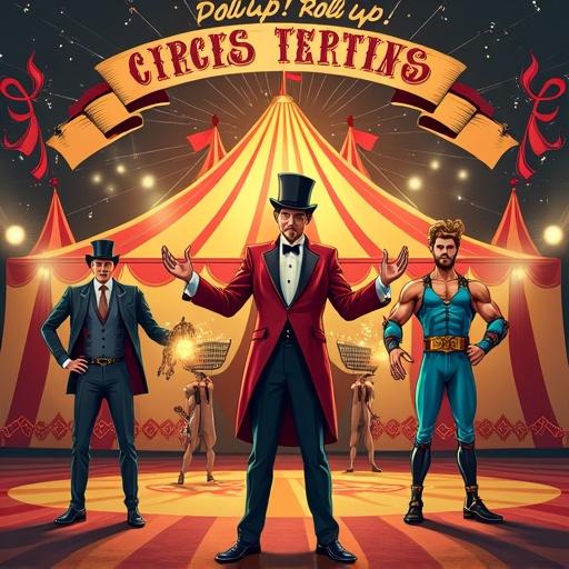 Highly detailed vintage circus poster design. Bold colorful composition. Stylized illustrated characters. Dapper magician called 'The Amazing Brandini' holding a glowing logo. Trapeze artists with social media icons. Muscular strongman lifting barbell with shopping cart weights. Eccentric painter labeled 'The Illustrious Illustrator' with swirling brushstrokes. Team called 'The Viral Voltigeurs' performing stunts with emojis and mobile screens. Grand red-and-gold circus tent in background. Ornate vintage typography stating 'Roll up! Roll up! Witness marketing marvels!' Authentic poster look with modern iconography.