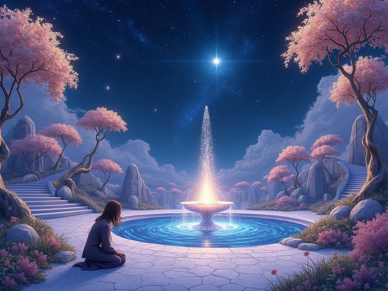 A vast dreamlike garden in the night sky with galaxies and glowing nebulae. Ground made of translucent moonstone tiles reflecting constellations above. Silver vines with flowers made of starlight bloom. Trees with crystal leaves cast prismatic light patterns. A celestial fountain pours stardust into a basin of glowing water. A robed woman kneels by the fountain, her hair resembling nebulae. The sky is a deep cosmic indigo with galaxies and drifting golden dust.
