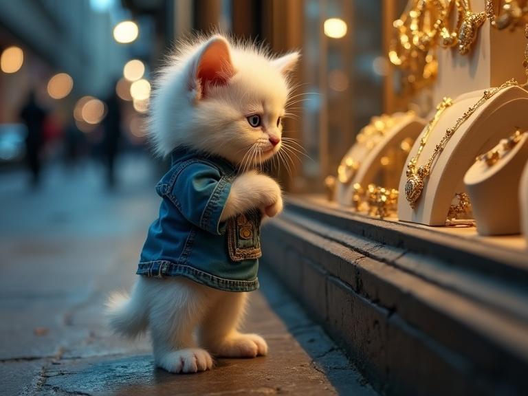 Small white kitten with sad hopefulness in its eyes. Wearing a torn blue shirt. Standing on hind legs. Gazing through a jewelry store window. Filled with shiny golden necklaces. Quiet city street at twilight. Soft warm lighting reflecting off glass. Kitten's ultra-detailed fur slightly dirty. Emotional and dramatic atmosphere. Cinematic depth of field with realistic lighting. Strong visual storytelling. Ultra-realistic 8K shot with shallow focus.