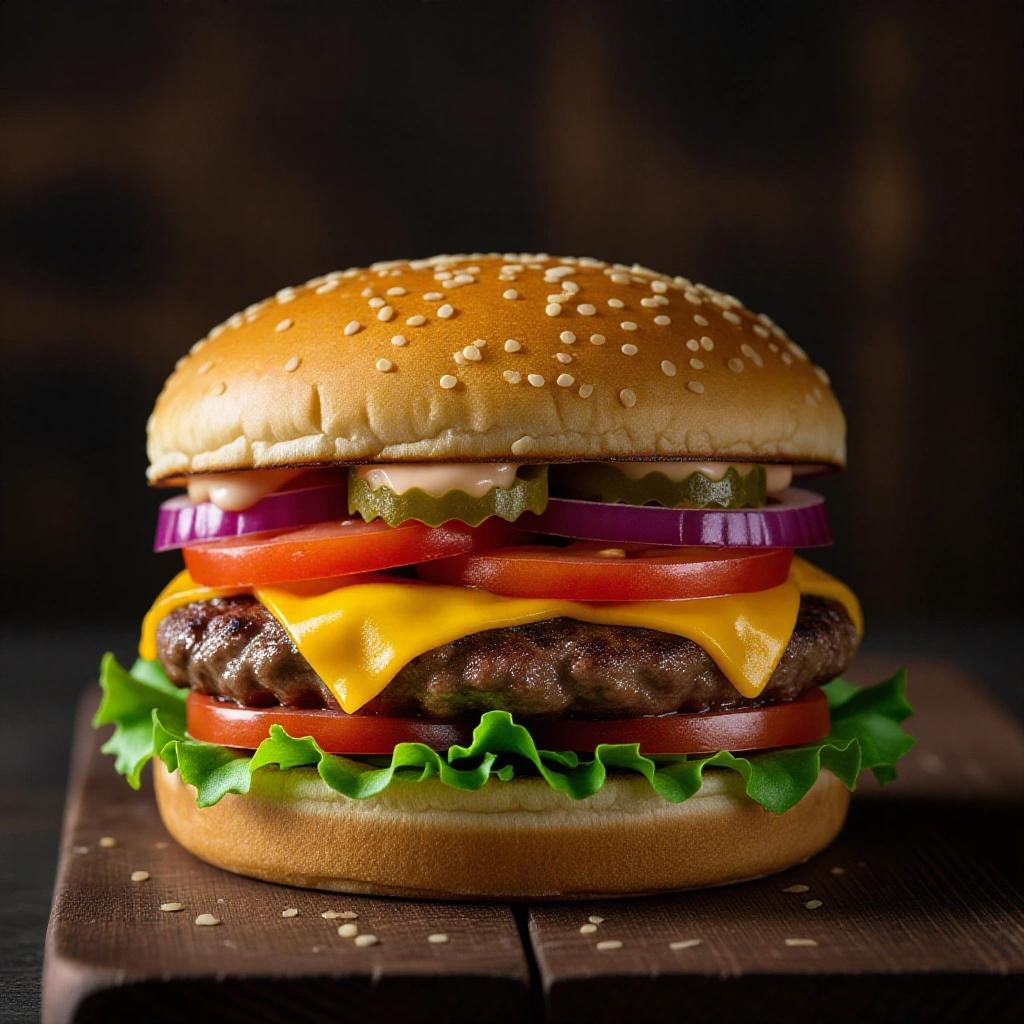 A close-up image of a cheeseburger with sesame seed bun. Layers of beef patty, cheese, lettuce, tomato, onion, and pickles are visibly stacked. The burger is resting on a wooden board.