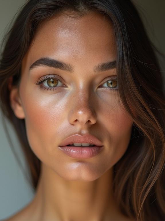 A hyper-realistic portrait of a stunning supermodel. This image features a beautifully detailed face. The subject has captivating eyes and a serene expression.
