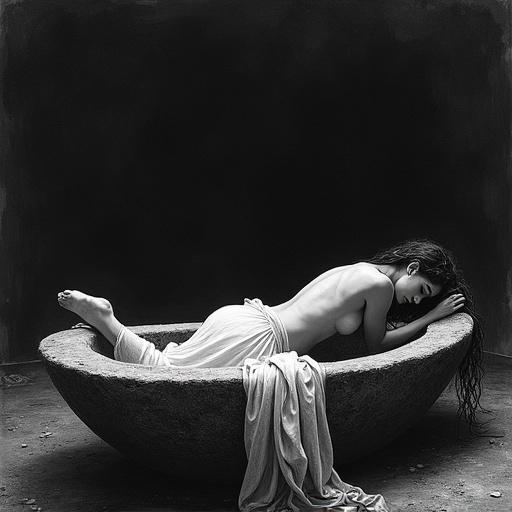 Angled camera view of a woman laying across a stone basin. Dark fantasy style hand drawn with pencil and paint. Black void space background. Ethereal and calm mood.