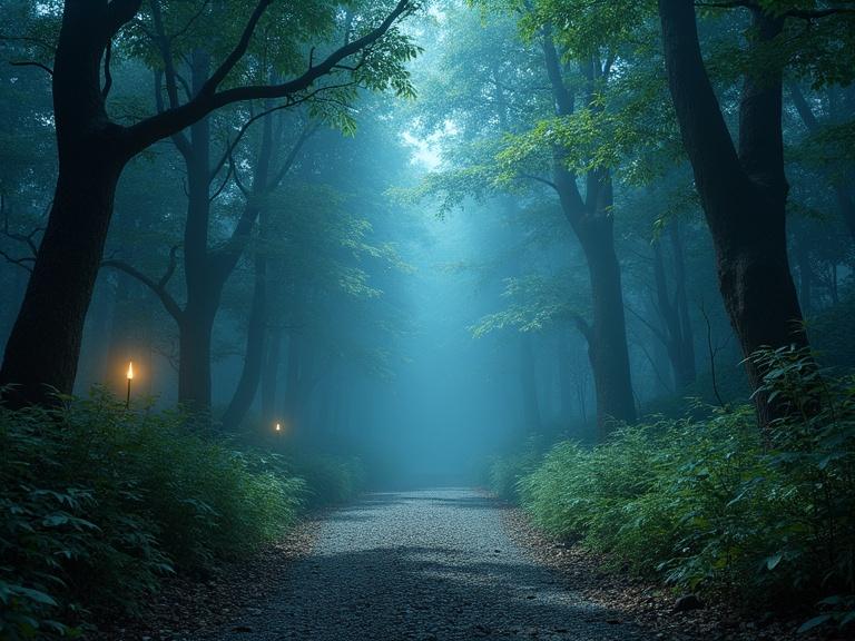 Hyperrealistic enchanted forest at dusk with atmospheric depth. Dense, detailed vegetation with glowing moss, ancient twisted trees, golden and silver leaves floating. Center circular clearing reserved for person, surrounded by luminous stone path. Magical elements include 1) Floating antique iron lanterns, warm light, suspended from branches, 2) Fantastic creatures: starry-furred fox, bioluminescent butterflies, crystal-eyed owl, 3) Ethereal lights filtering through foliage. Effects: glowing mist, soft magical particle glimmers, natural depth of field blur. Fantasy realism style with tangible textures; rugged bark, iridescent cobwebs. Dramatic lighting with subtle backlighting.