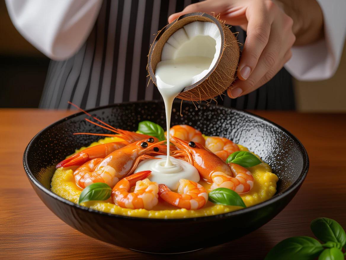 Gourmet dish preparation in close-up. Chef's hand in white coat. Pouring coconut milk from coconut shell. Black ceramic bowl with orange polenta. Topped with cooked prawns and shrimp. Fresh basil leaves scattered. Warm wooden table surface. Professional warm lighting. Elevated angle focusing on pouring action and dish.
