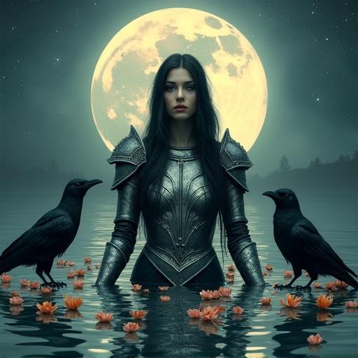 Gothic depiction of Morrígan, Celtic goddess, in a moonlit lake. Surrounded by crows and cannabis petals. Full moon reflecting on silver armor.