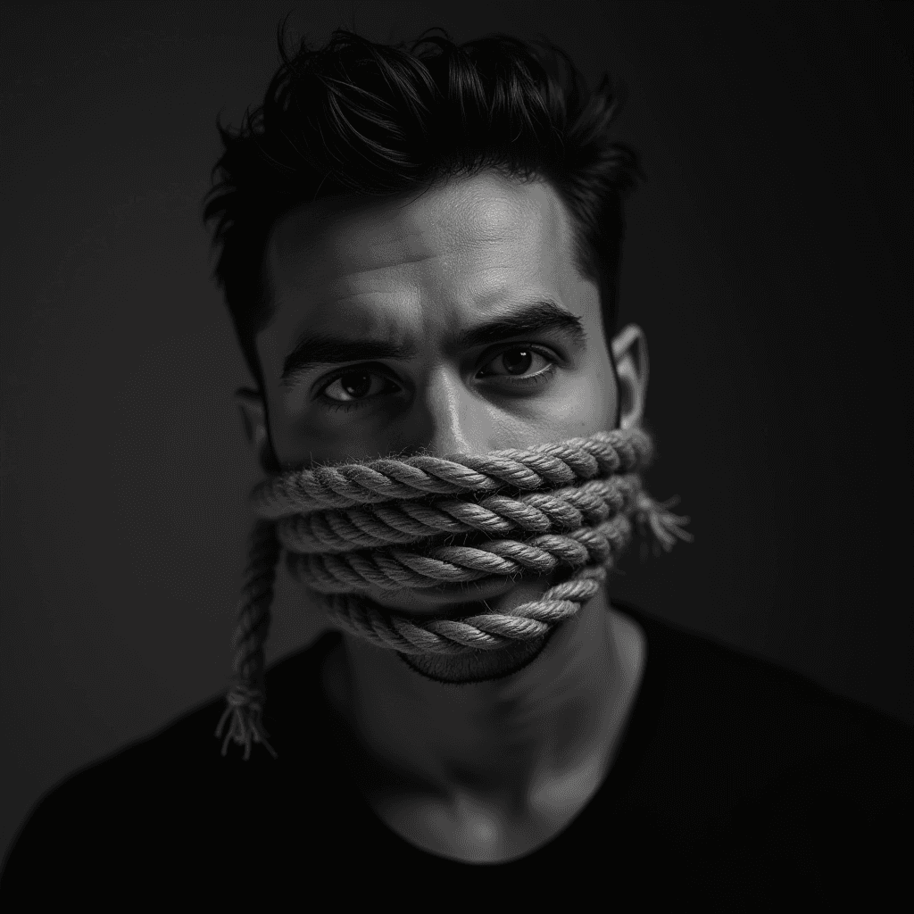 A man is tightly wrapped with rope around his mouth, set in a dramatic black and white tone.