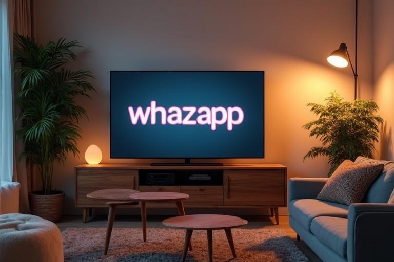 Display word 'whazapp' on television in modern living room. Feature cozy couch coffee table plants with soft warm lighting.