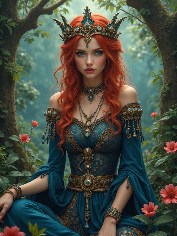 A beautiful sorceress with red hair sits in a lush forest. She wears a deep blue, embellished gown and a crown. The scene has a magical vibe with flowers around her. The style features folk art details.