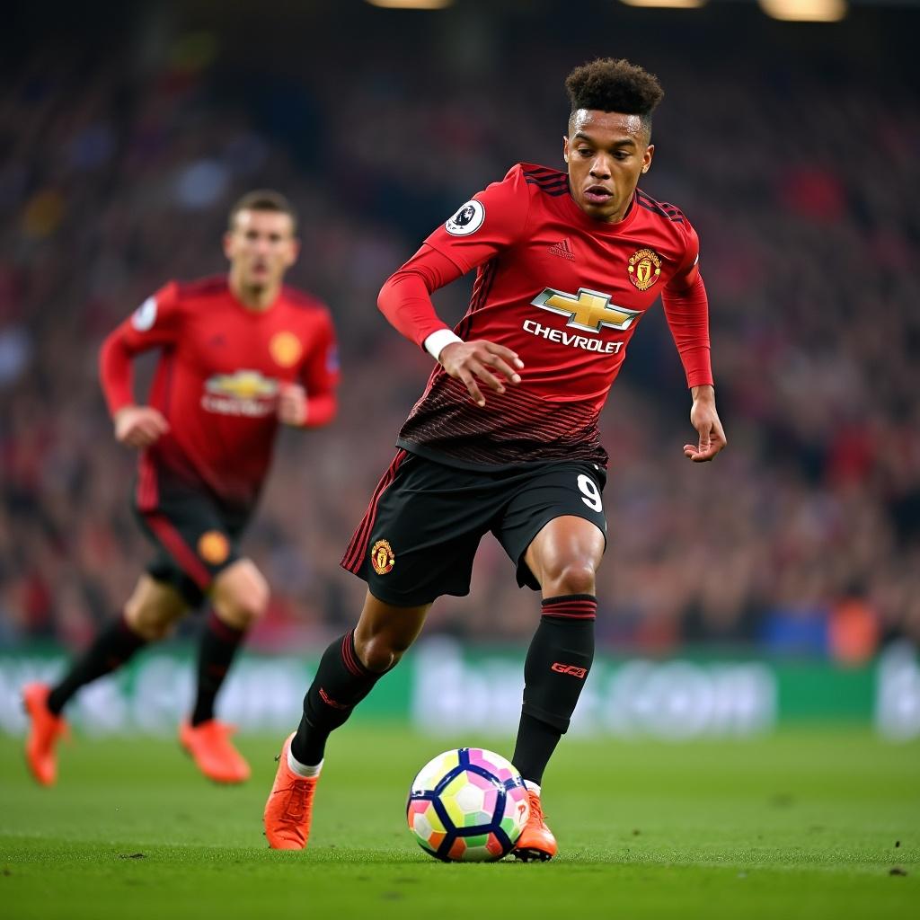 One soccer player in dynamic action during a football match. FC Manchester United themed uniforms in red. Enthusiastic crowd in the background. Fast-paced competitive moment on the field. Energetic stadium atmosphere during live soccer. Number 9 on the shirt.