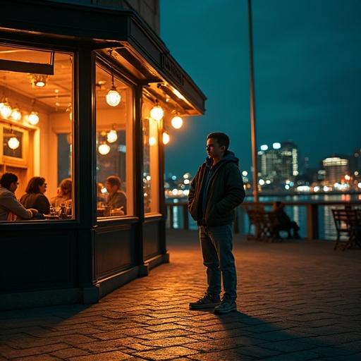 Nighttime scene in Puerto Madero, Buenos Aires. A boy observes the illuminated restaurant from outside. Warm lights contrast with the blue night. Emotional atmosphere.