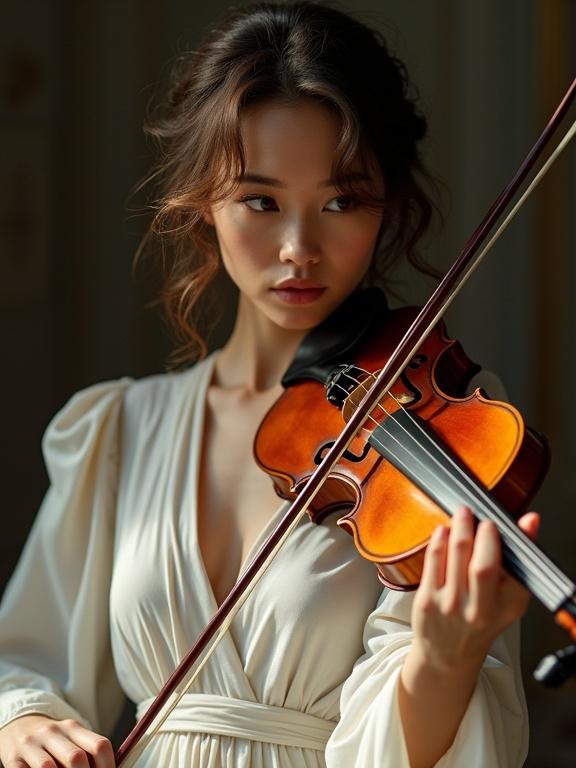 A beautiful musician playing the violin wearing a white silk dress. Posture is straight with clear facial features. Eyes are slightly drooped and expressive. Hair and dress are meticulously arranged. High contrast with clear lighting. The image gives a sense of perspective and emotional atmosphere.