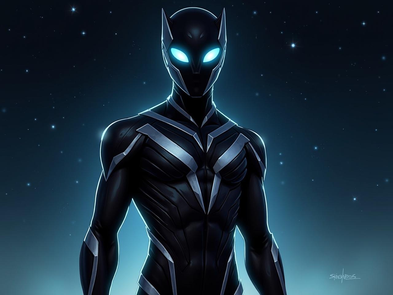 The image depicts a fictional superhero character in a sleek, black and silver suit. The character has an alien-like head, featuring glowing blue eyes that give it a striking appearance. The suit is intricately designed, emphasizing the character's muscular physique with angular patterns. The background is a starry sky, creating an otherworldly atmosphere. The combination of colors and design elements suggests a futuristic theme, enhancing the character's superhero persona.