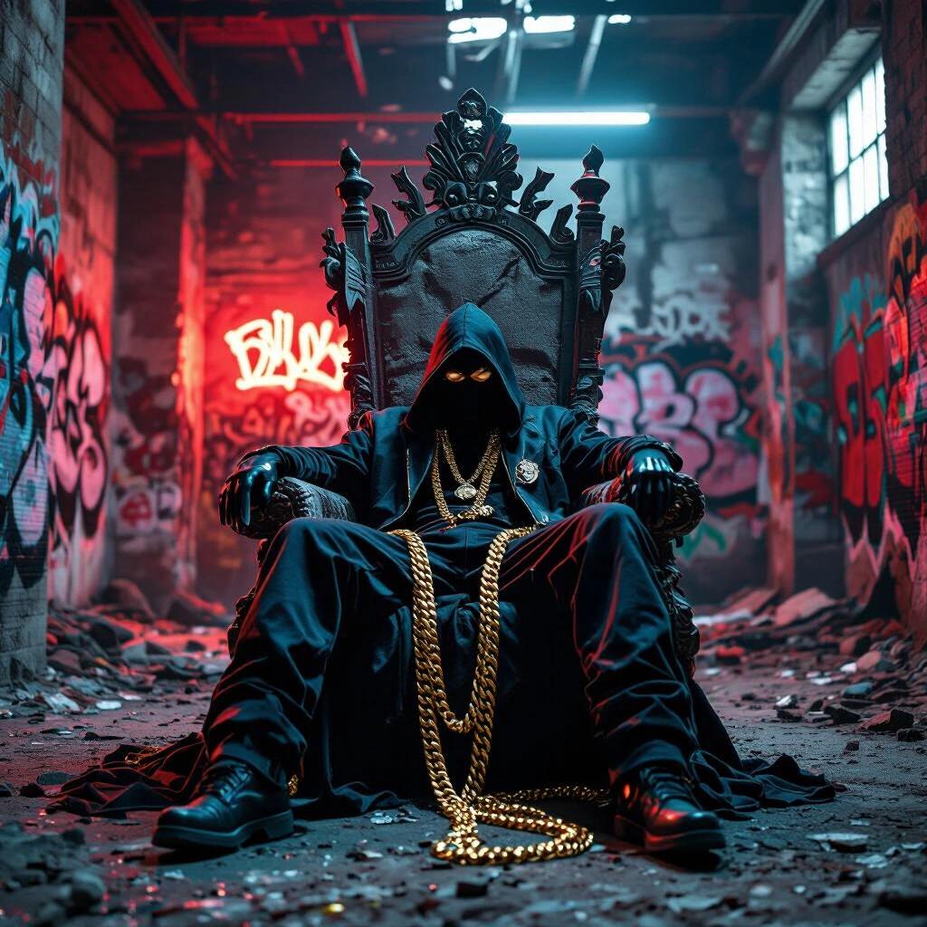 Crumbling throne in a graffiti-covered warehouse. Masked figure lounging sideways. Gold chains draped. Ambient red and blue lighting. Gritty texture. Powerful silence.